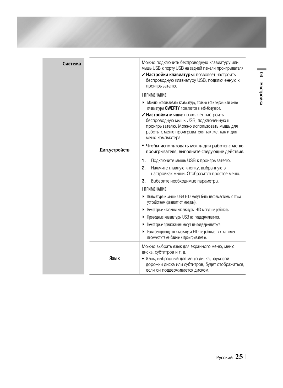 Samsung BD-E6500/RU manual Проигрывателю,  Настройки мыши позволяет настроить, Беспроводную мышь USB, подключенную к 