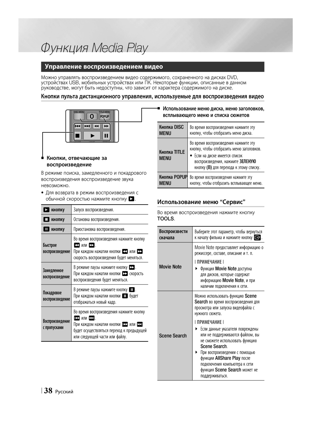 Samsung BD-E6500/RU manual Функция Media Play, Управление воспроизведением видео, Использование меню Сервис, Menu, Tools 