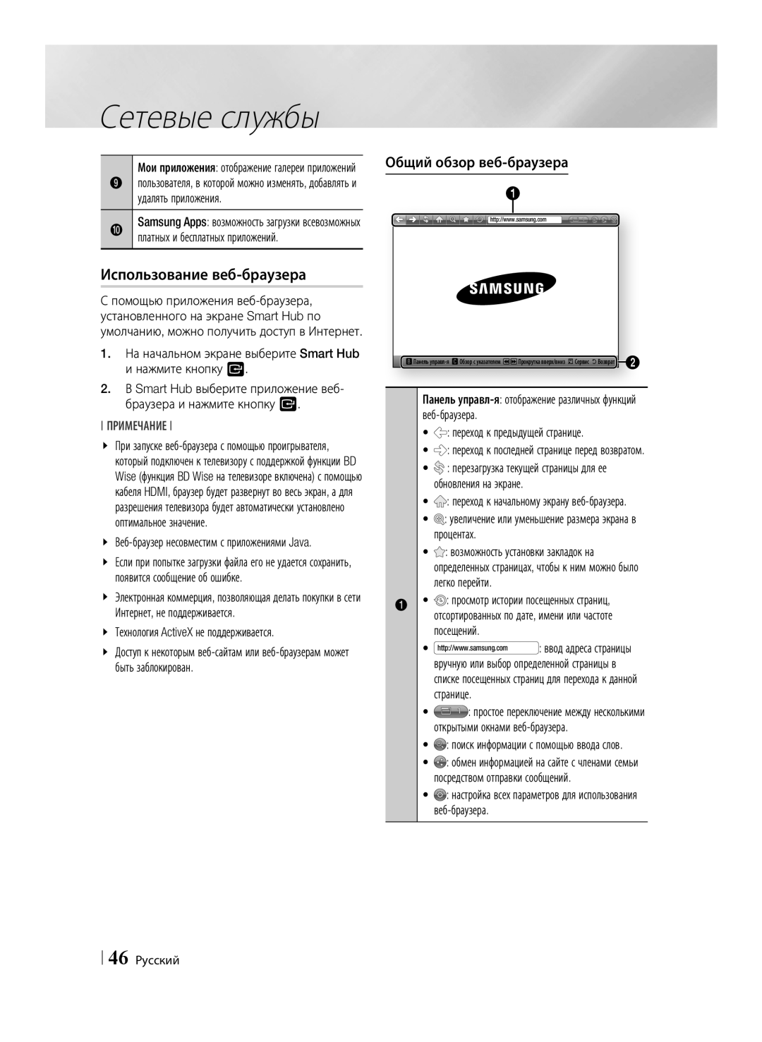 Samsung BD-E6500/RU manual Использование веб-браузера, Общий обзор веб-браузера 