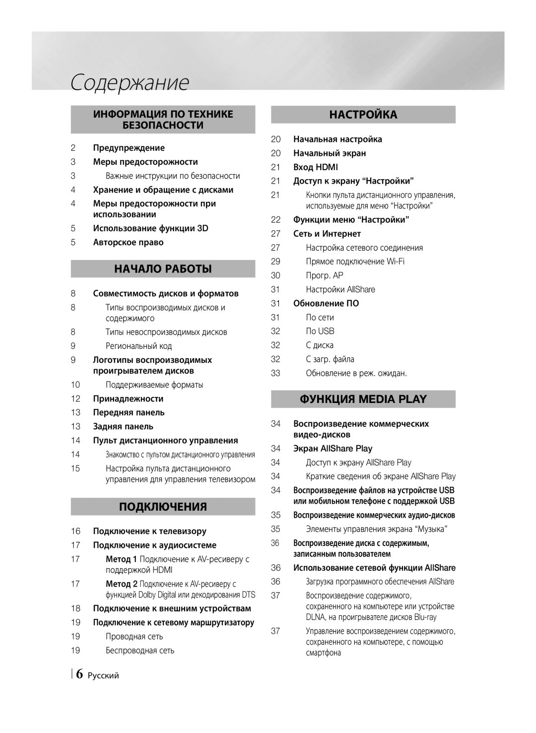 Samsung BD-E6500/RU manual Содержание, 18 Подключение к внешним устройствам, 19 Проводная сеть 19 Беспроводная сеть 