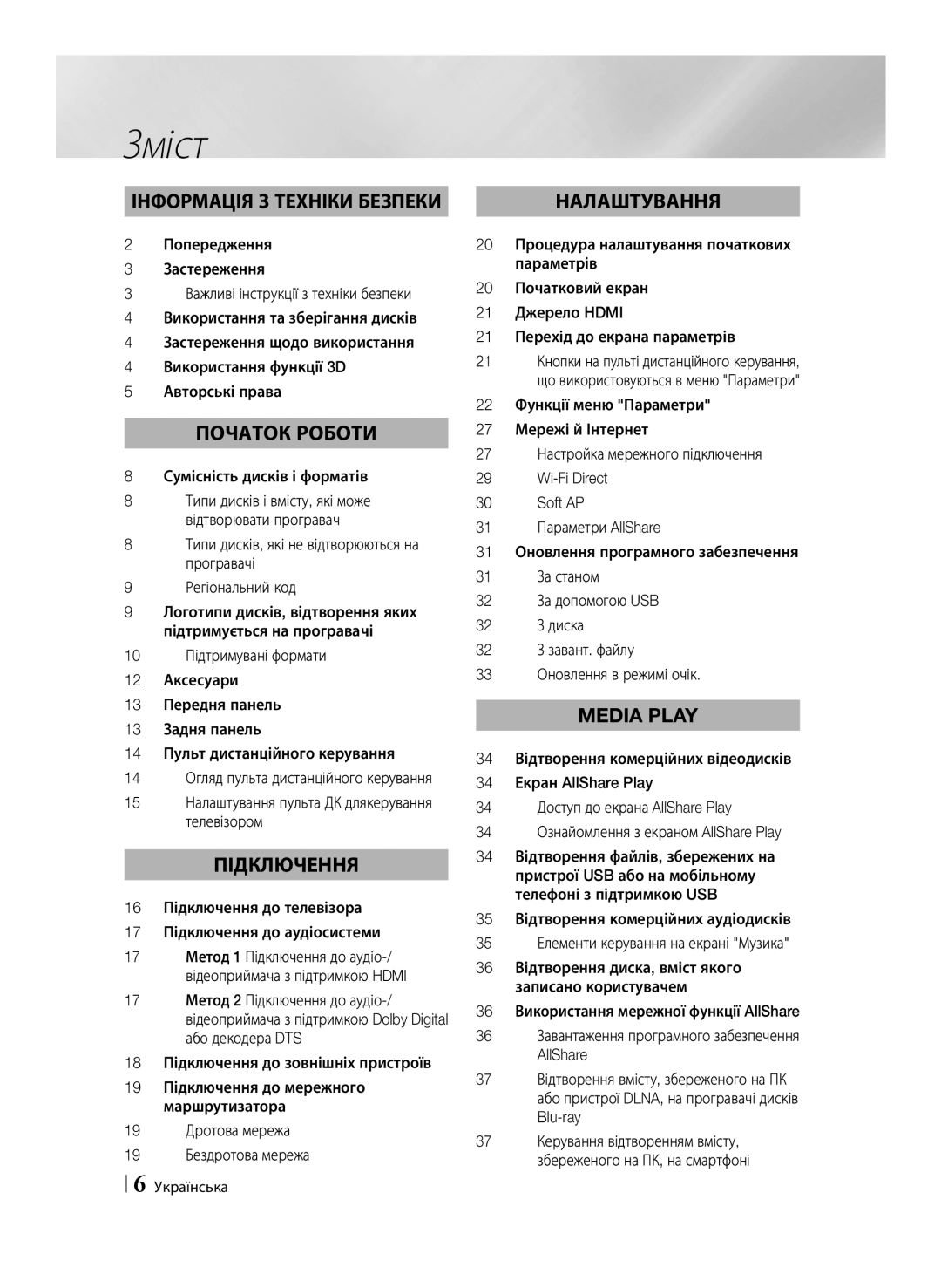 Samsung BD-E6500/RU manual Зміст, Сумісність дисків і форматів, 15 Налаштування пульта ДК длякерування телевізором 