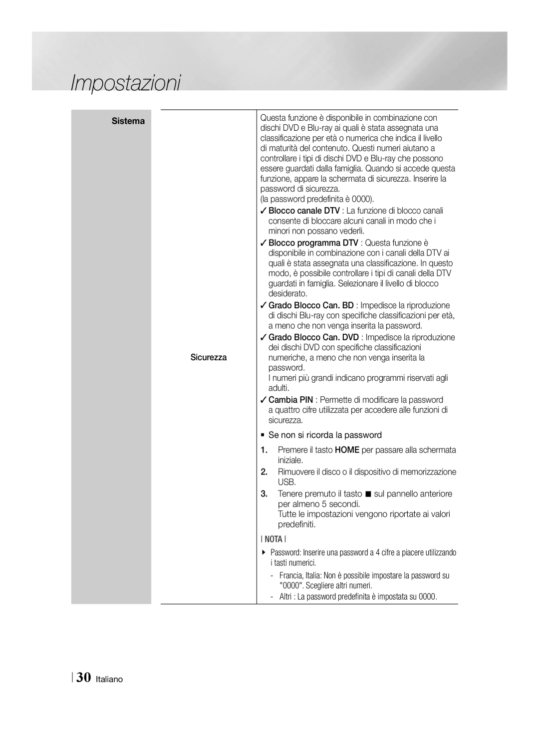 Samsung BD-E8300/EN, BD-E8900/ZF, BD-E8300/ZF manual Sicurezza, Altri La password predefinita è impostata su 