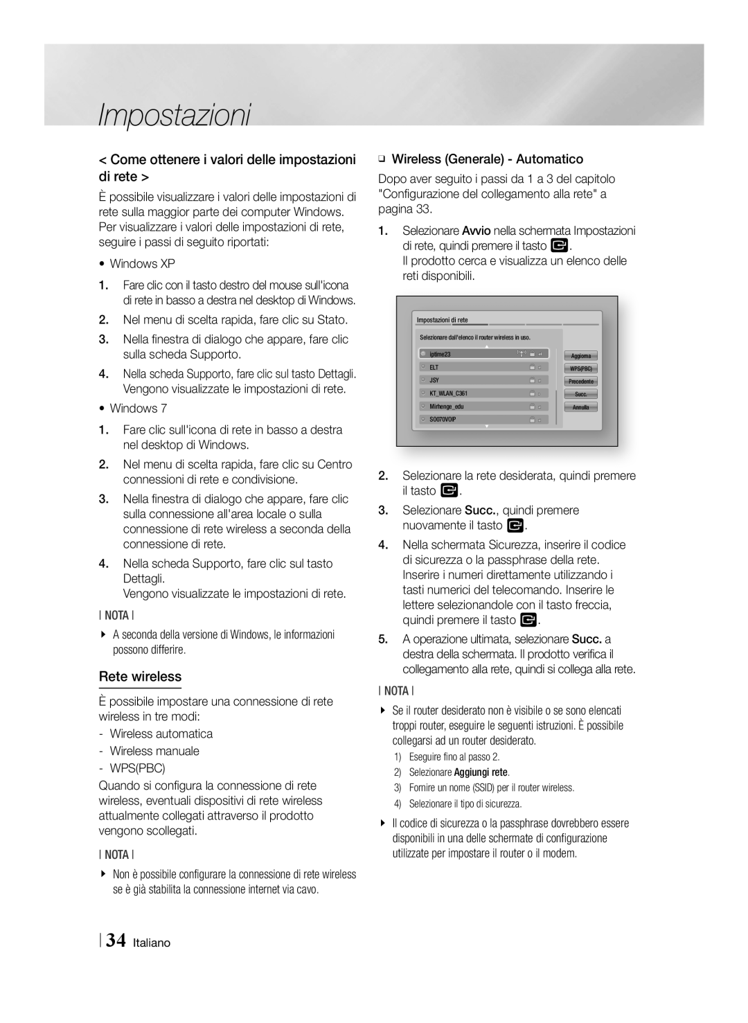 Samsung BD-E8900/ZF, BD-E8300/EN, BD-E8300/ZF Come ottenere i valori delle impostazioni di rete, Rete wireless, Windows XP 