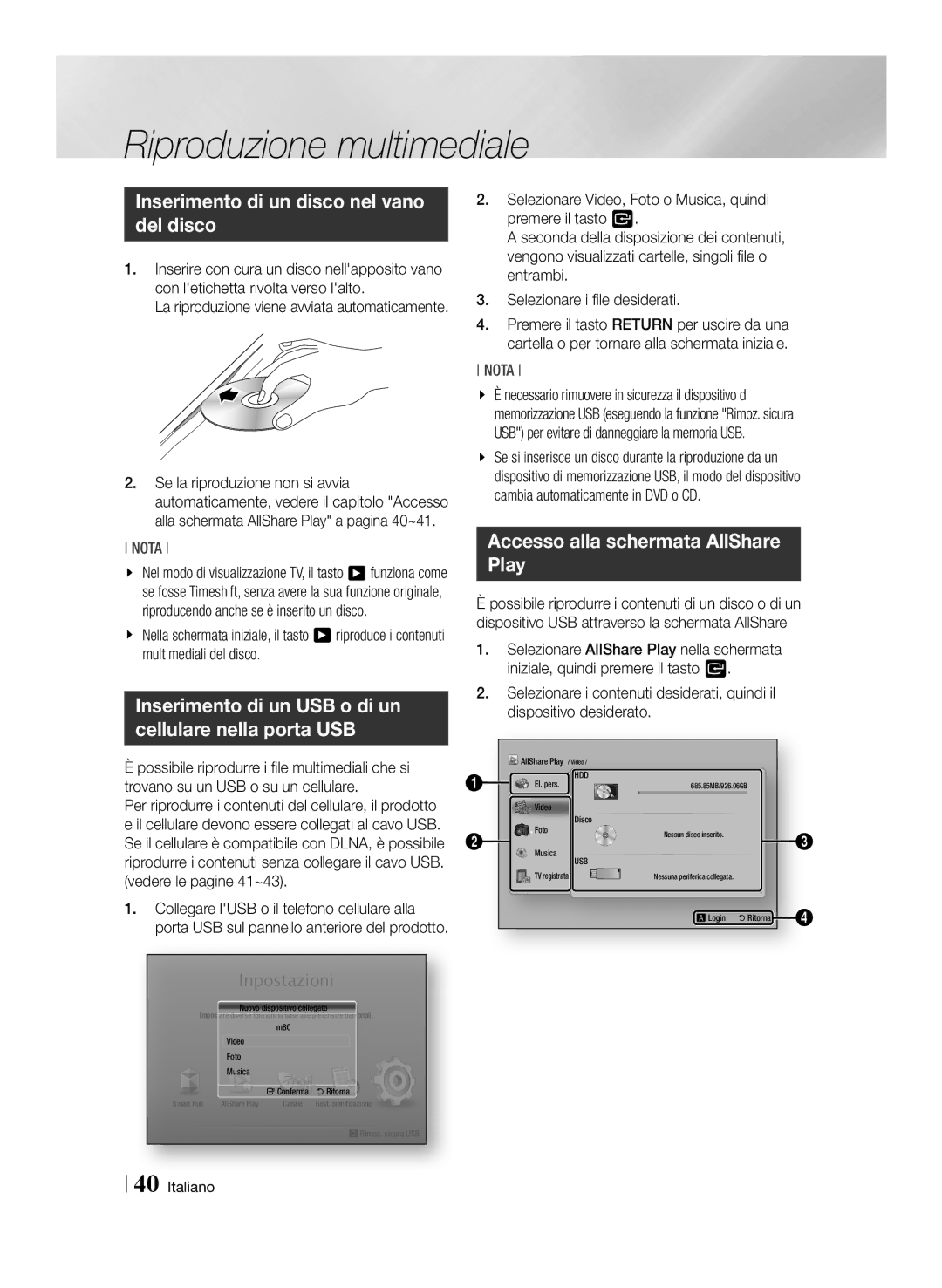 Samsung BD-E8900/ZF, BD-E8300/EN, BD-E8300/ZF manual Riproduzione multimediale, Inserimento di un disco nel vano del disco 