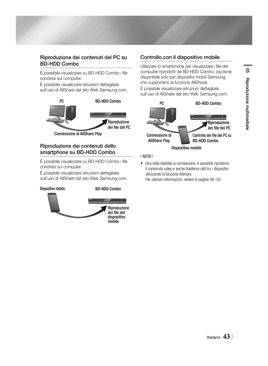 Samsung BD-E8900/ZF, BD-E8300/EN Riproduzione dei contenuti del PC su BD-HDD Combo, Controllo con il dispositivo mobile 