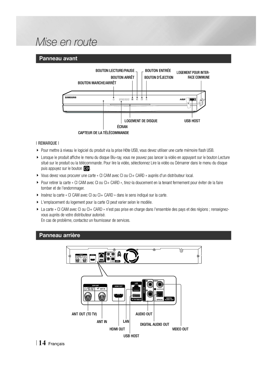 Samsung BD-E8300/ZF, BD-E8300/EN, BD-E8900/ZF manual Panneau avant, Panneau arrière 