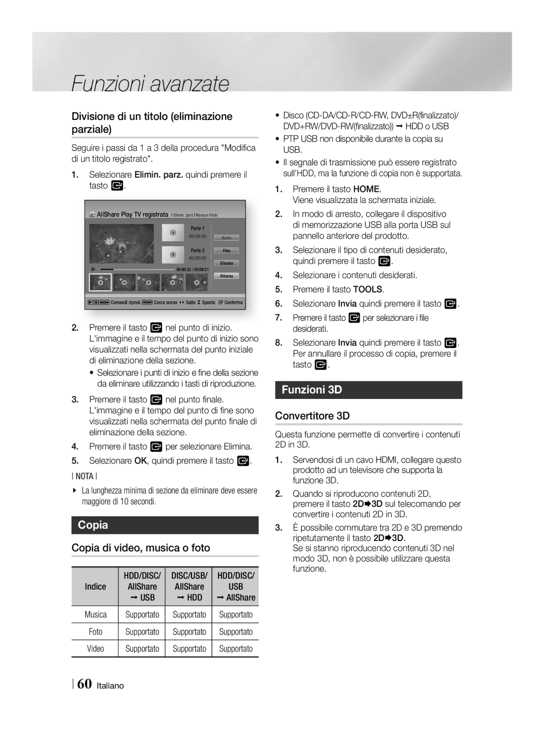 Samsung BD-E8300/EN manual Divisione di un titolo eliminazione parziale, Copia di video, musica o foto, Funzioni 3D 