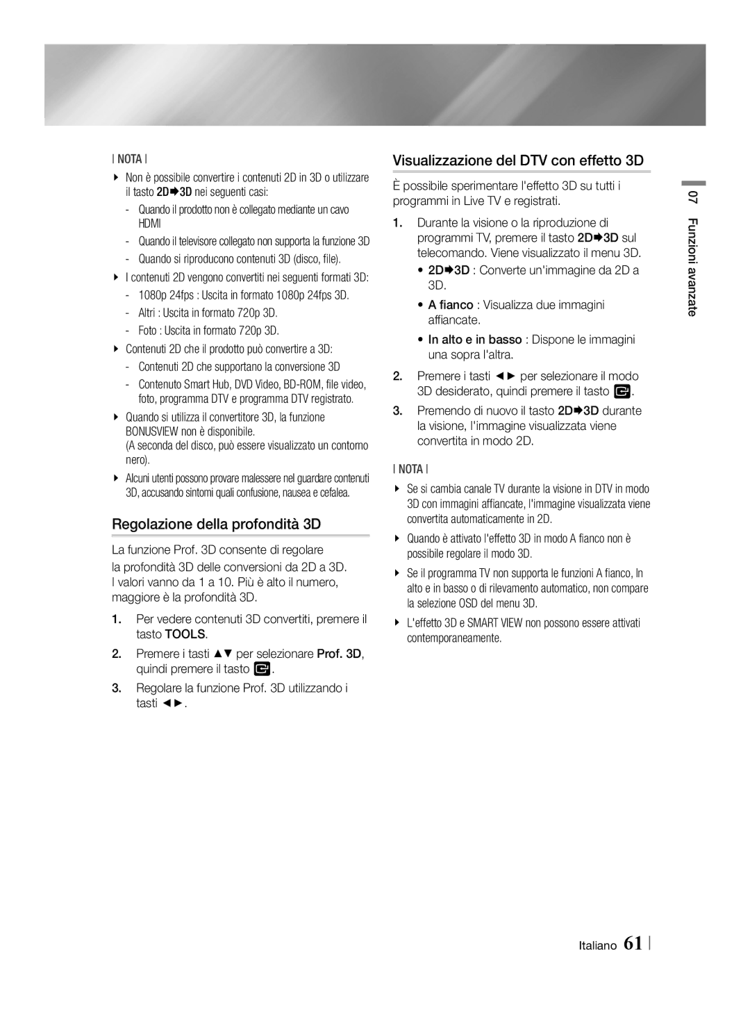 Samsung BD-E8900/ZF, BD-E8300/EN, BD-E8300/ZF manual Regolazione della profondità 3D, Visualizzazione del DTV con effetto 3D 