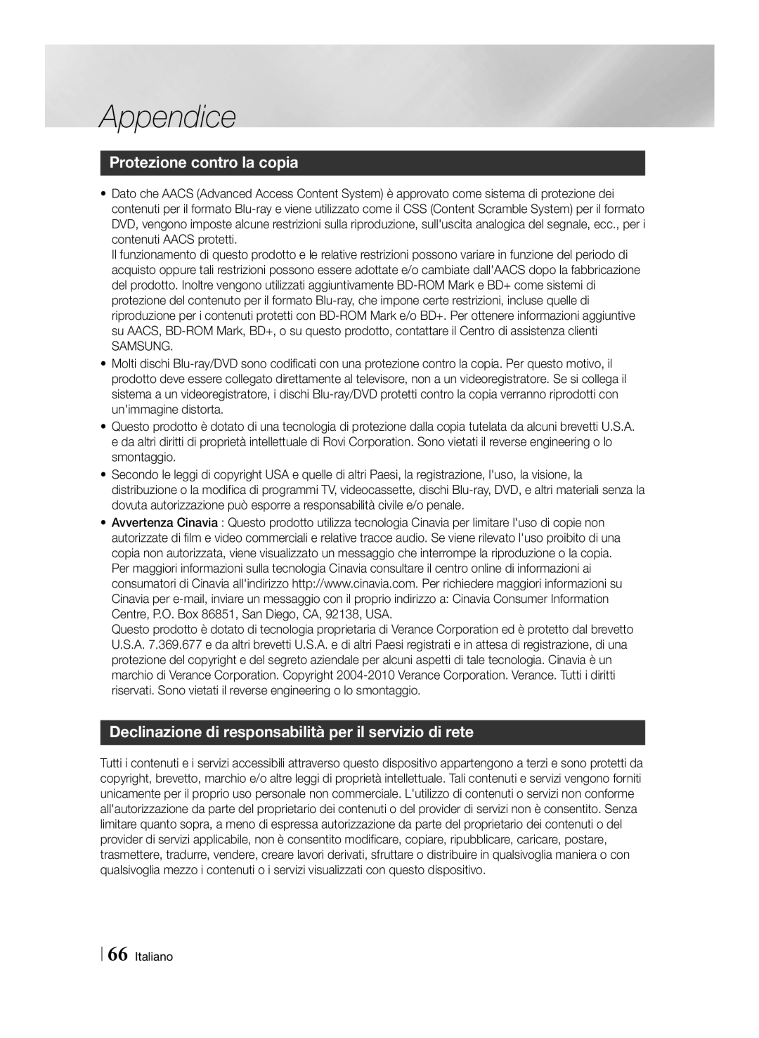 Samsung BD-E8300/EN manual Protezione contro la copia, Declinazione di responsabilità per il servizio di rete, Samsung 