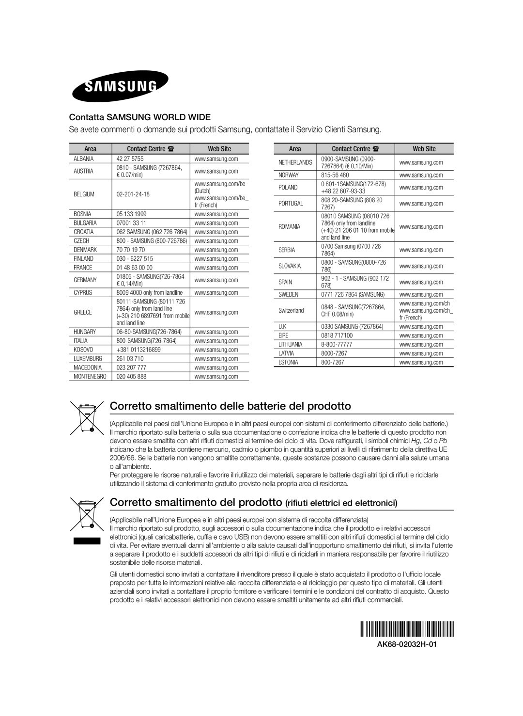 Samsung BD-E8300/EN, BD-E8900/ZF, BD-E8300/ZF manual Corretto smaltimento delle batterie del prodotto, Area 