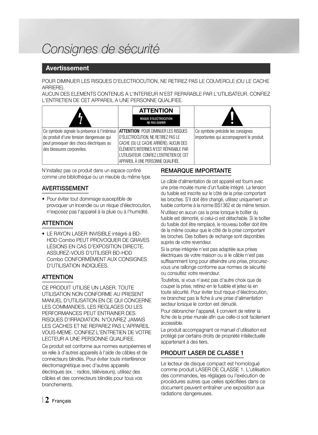 Samsung BD-E8300/ZF, BD-E8300/EN, BD-E8900/ZF manual Consignes de sécurité, Avertissement 