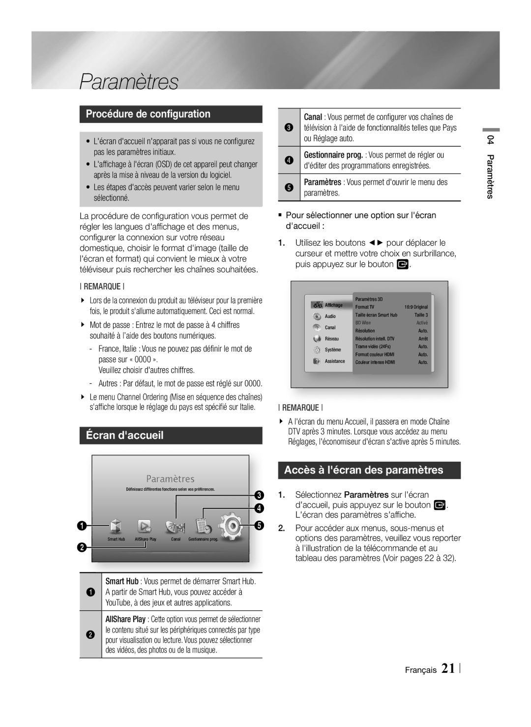 Samsung BD-E8300/EN, BD-E8900/ZF Paramètres, Procédure de configuration, Écran daccueil, Accès à lécran des paramètres 