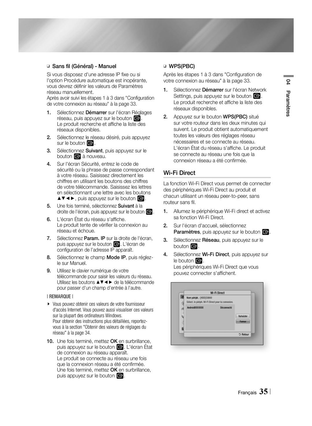 Samsung BD-E8300/ZF, BD-E8300/EN manual Wi-Fi Direct, Sélectionnez le champ Mode IP, puis réglez- le sur Manuel, ĞĞ Wpspbc 