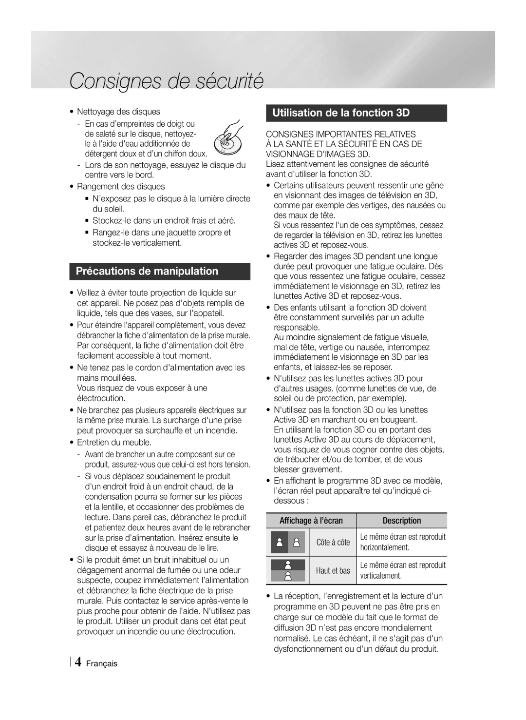 Samsung BD-E8900/ZF, BD-E8300/EN, BD-E8300/ZF manual Précautions de manipulation, Utilisation de la fonction 3D 