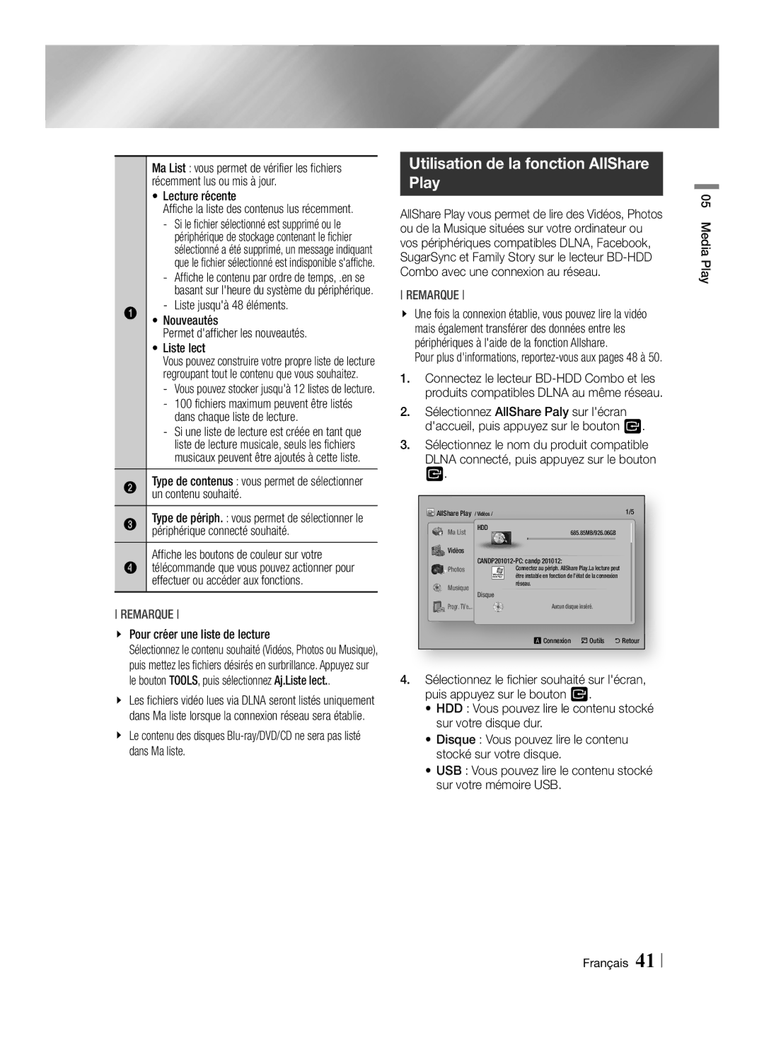 Samsung BD-E8300/ZF, BD-E8300/EN, BD-E8900/ZF manual Utilisation de la fonction AllShare Play 