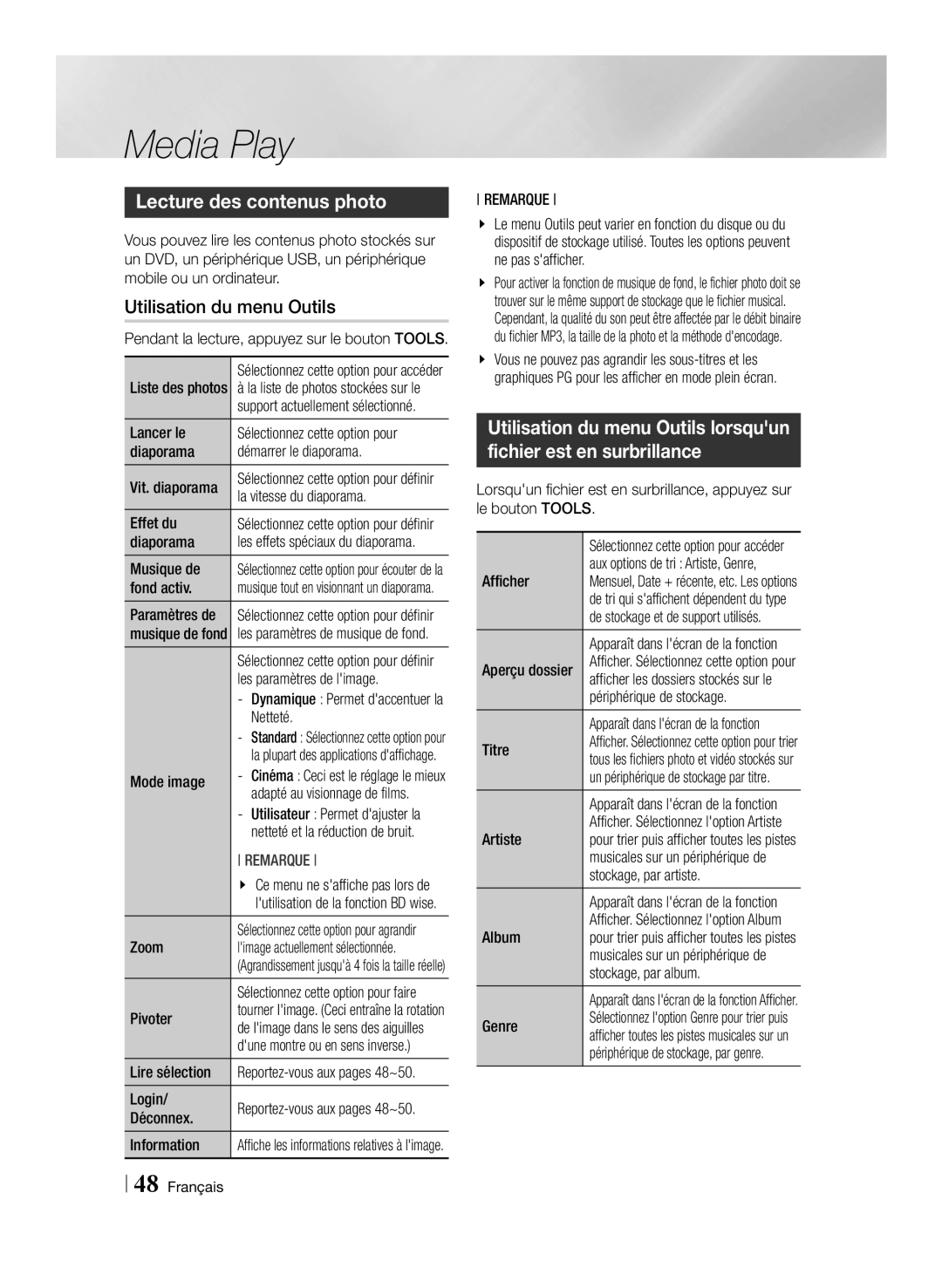 Samsung BD-E8300/EN Lecture des contenus photo, Dynamique Permet daccentuer la Netteté, Reportez-vous aux pages 48~50 