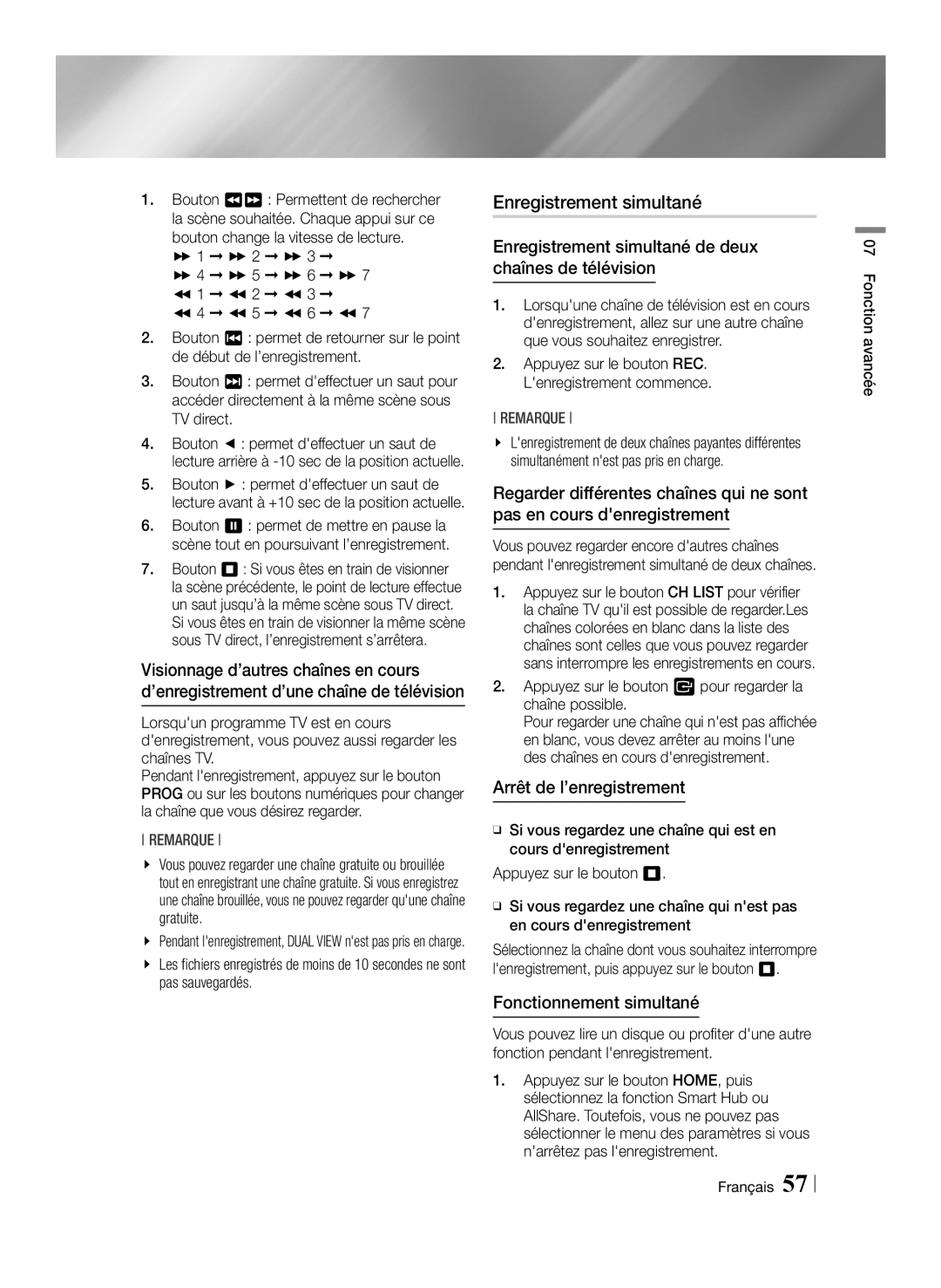 Samsung BD-E8300/EN Enregistrement simultané de deux chaînes de télévision, Fonctionnement simultané, Pas sauvegardés 