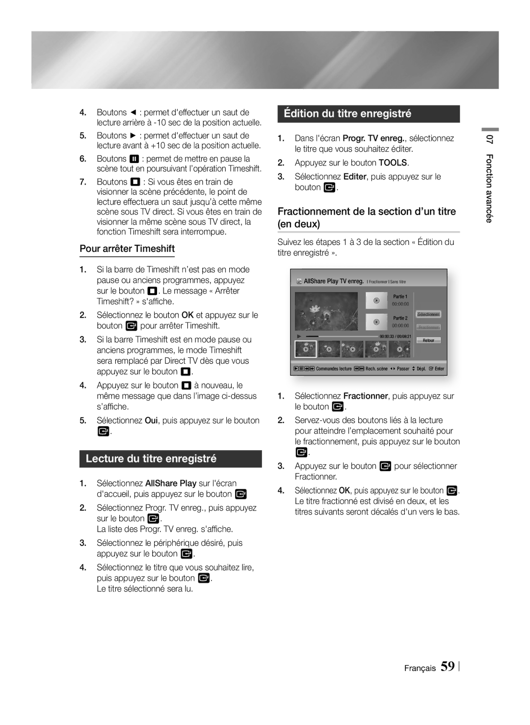 Samsung BD-E8300/ZF, BD-E8300/EN manual Lecture du titre enregistré, Édition du titre enregistré, Pour arrêter Timeshift 