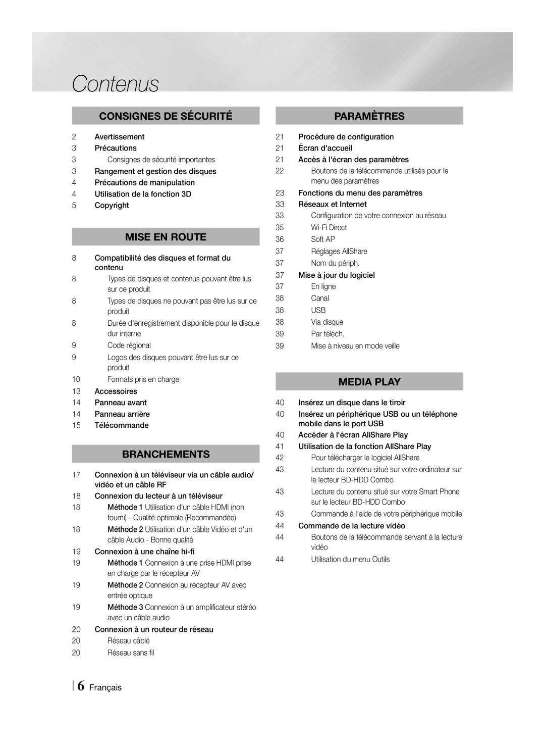 Samsung BD-E8300/EN, BD-E8900/ZF, BD-E8300/ZF manual Contenus 