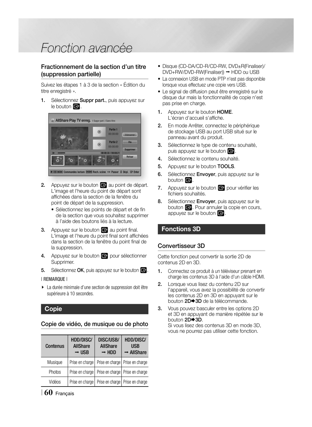 Samsung BD-E8300/EN, BD-E8900/ZF manual Copie de vidéo, de musique ou de photo, Fonctions 3D, Convertisseur 3D, Usb Hdd 