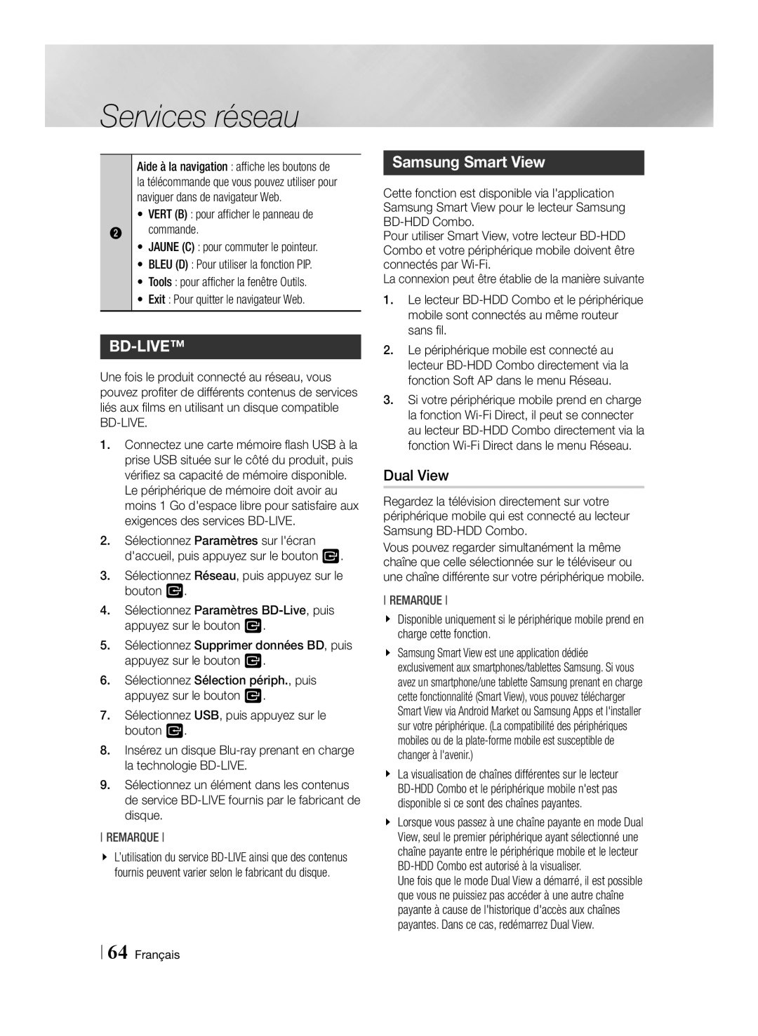 Samsung BD-E8900/ZF, BD-E8300/EN, BD-E8300/ZF manual Samsung Smart View, Dual View, Naviguer dans de navigateur Web, Commande 