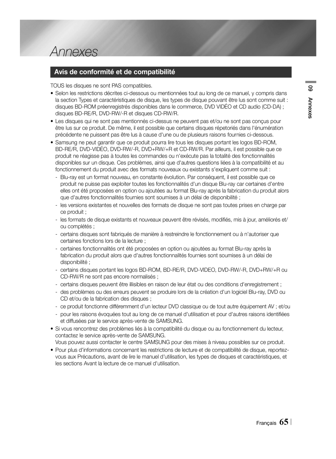 Samsung BD-E8300/ZF, BD-E8300/EN Annexes, Avis de conformité et de compatibilité, CD et/ou de la fabrication des disques 