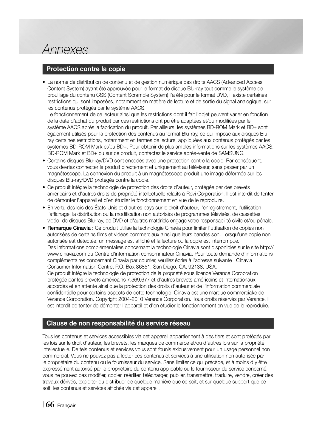 Samsung BD-E8300/EN, BD-E8900/ZF, BD-E8300/ZF Protection contre la copie, Clause de non responsabilité du service réseau 