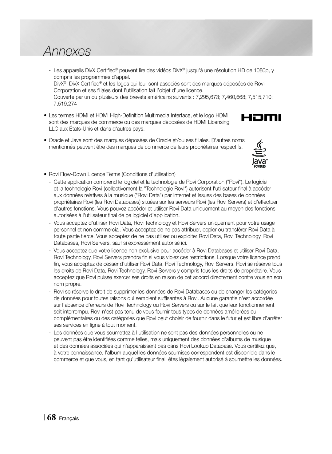 Samsung BD-E8300/ZF, BD-E8300/EN, BD-E8900/ZF manual Rovi Flow-Down Licence Terms Conditions dutilisation 