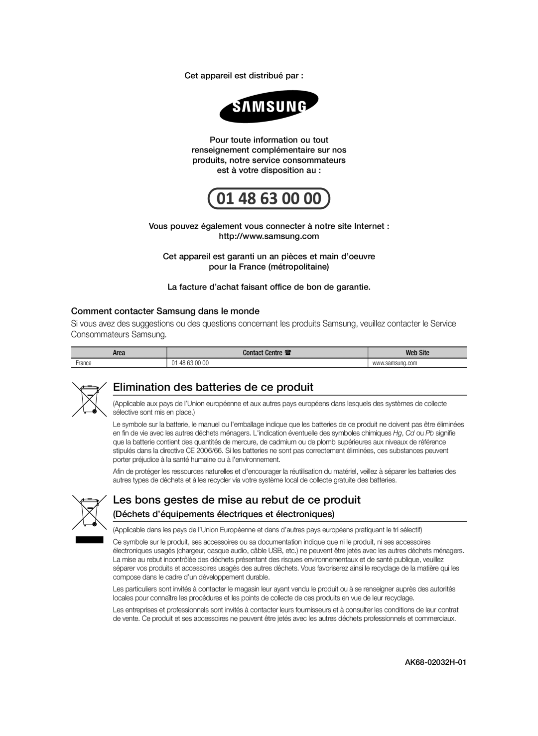 Samsung BD-E8300/EN, BD-E8900/ZF Elimination des batteries de ce produit, Area, Contact Centre , Web Site, AK68-02032H-01 