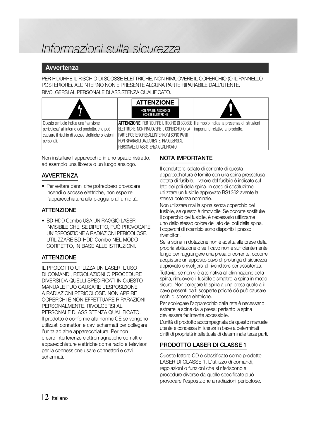 Samsung BD-E8300/ZF manual Informazioni sulla sicurezza, Avvertenza, Importanti relative al prodotto, Personali, Italiano 