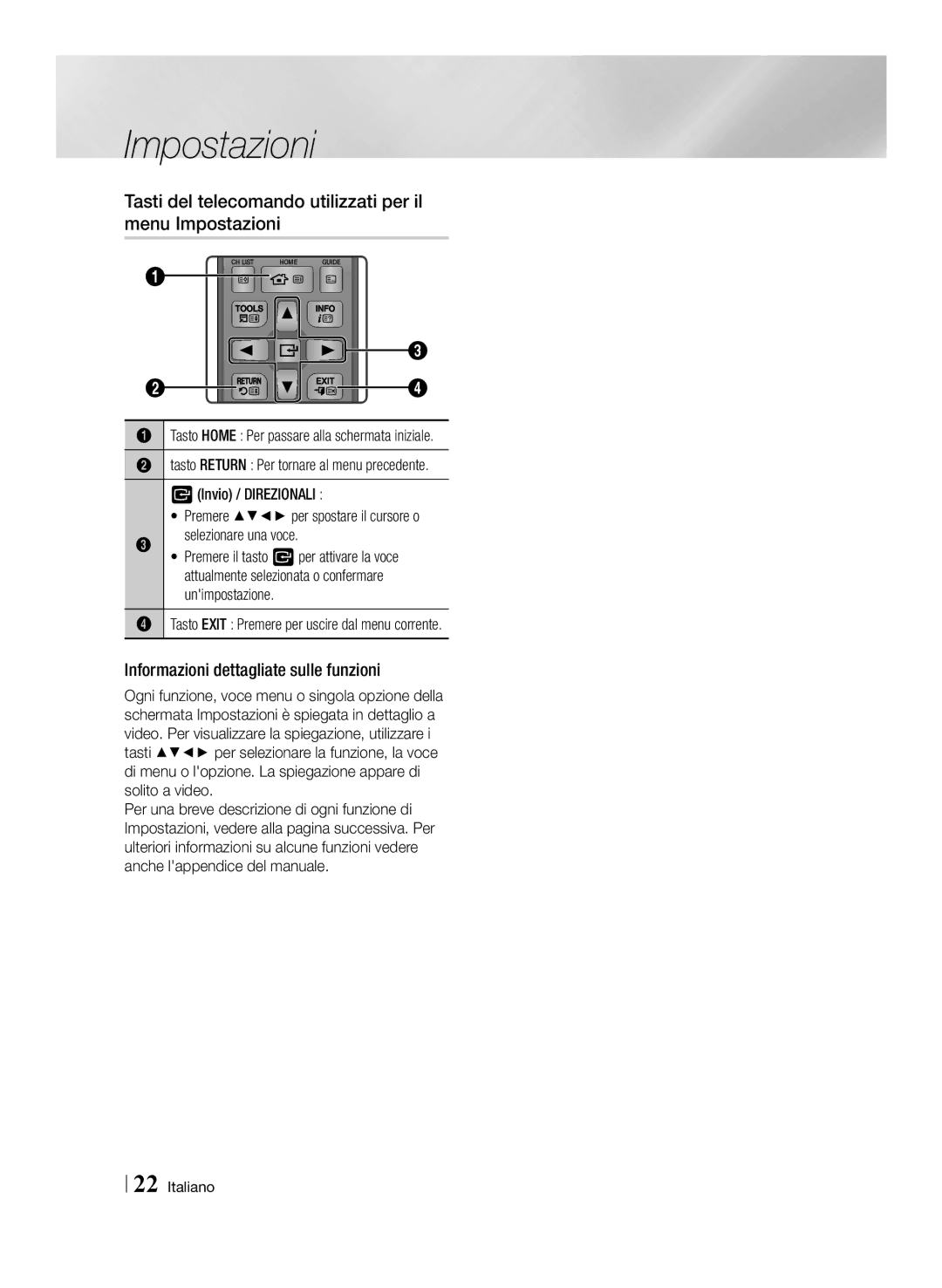 Samsung BD-E8300/ZF Tasti del telecomando utilizzati per il menu Impostazioni, Informazioni dettagliate sulle funzioni 