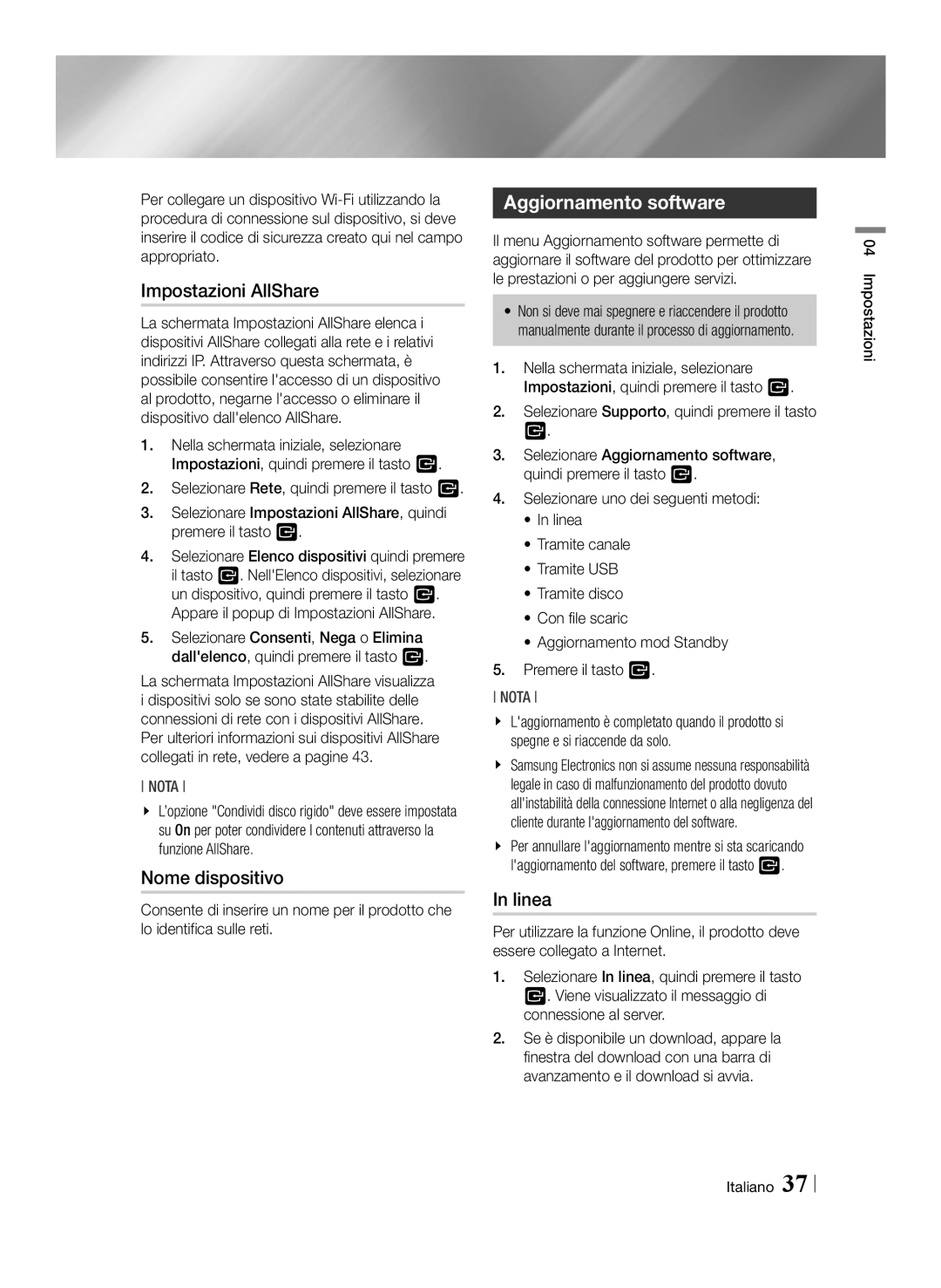 Samsung BD-E8500/ZF, BD-E8300/EN, BD-E8900/ZF manual Impostazioni AllShare, Nome dispositivo, Aggiornamento software, Linea 