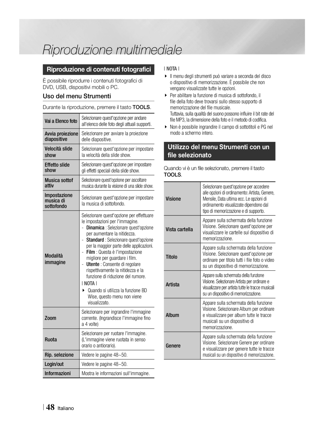 Samsung BD-E8900/ZF, BD-E8300/EN, BD-E8500/ZF, BD-E8300/ZF manual Utilizzo del menu Strumenti con un file selezionato, Tools 