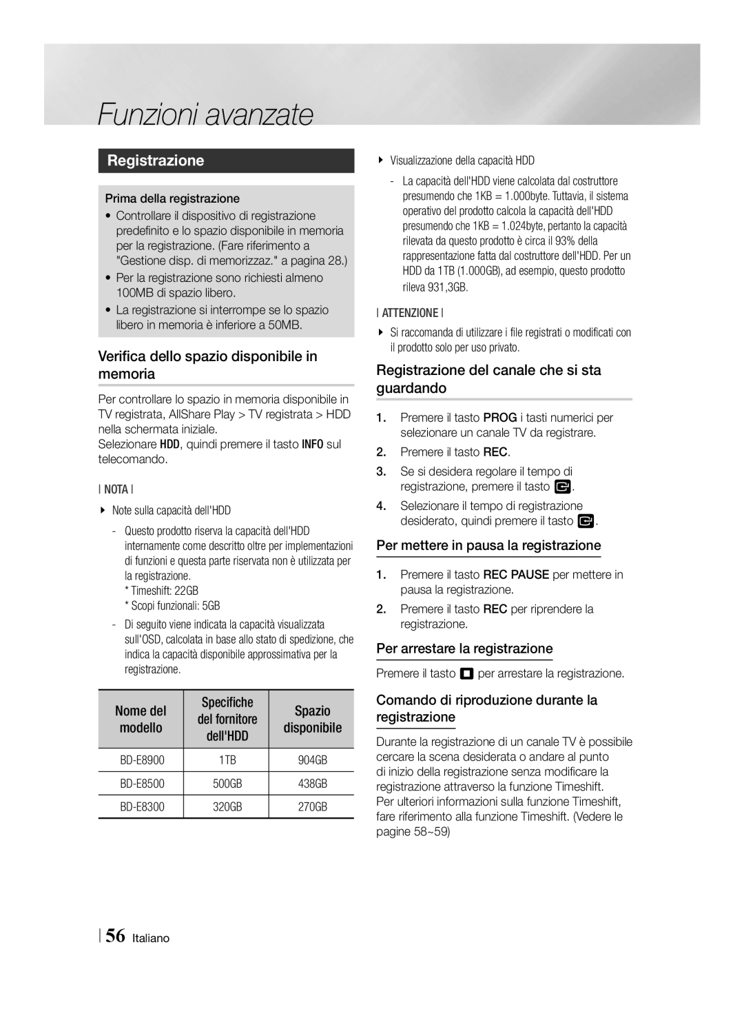 Samsung BD-E8900/ZF, BD-E8300/EN manual Funzioni avanzate, Registrazione, Verifica dello spazio disponibile in memoria 