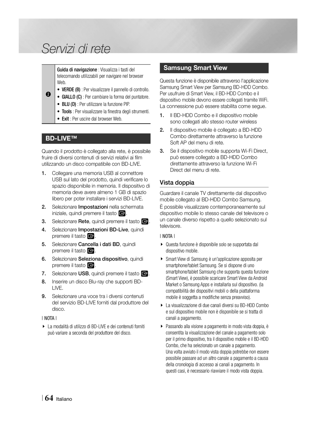 Samsung BD-E8900/ZF, BD-E8300/EN manual Vista doppia, Exit Per uscire dal browser Web, BLU D Per utilizzare la funzione PIP 