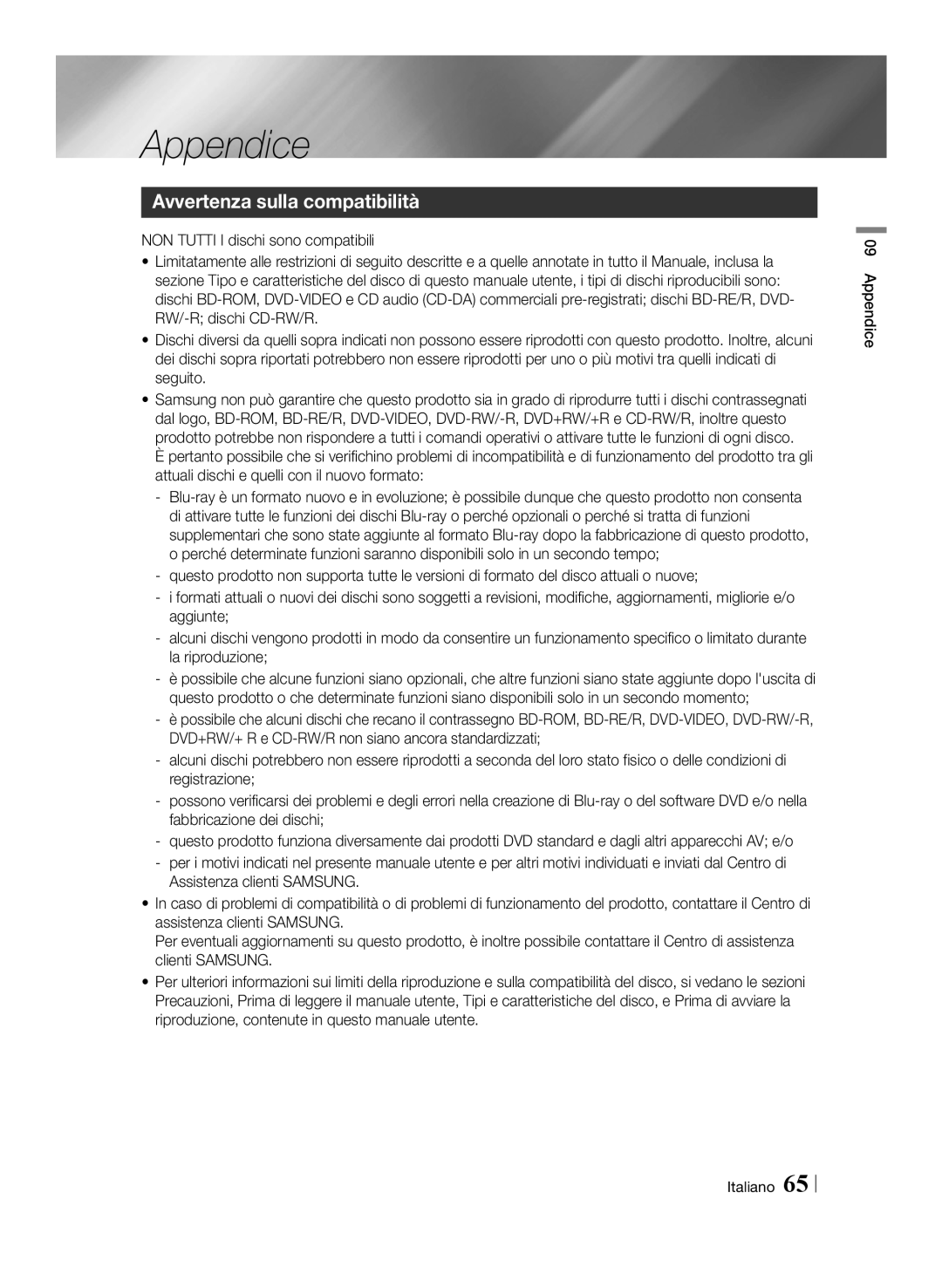 Samsung BD-E8500/ZF, BD-E8300/EN, BD-E8900/ZF, BD-E8300/ZF manual Avvertenza sulla compatibilità, Appendice Italiano 