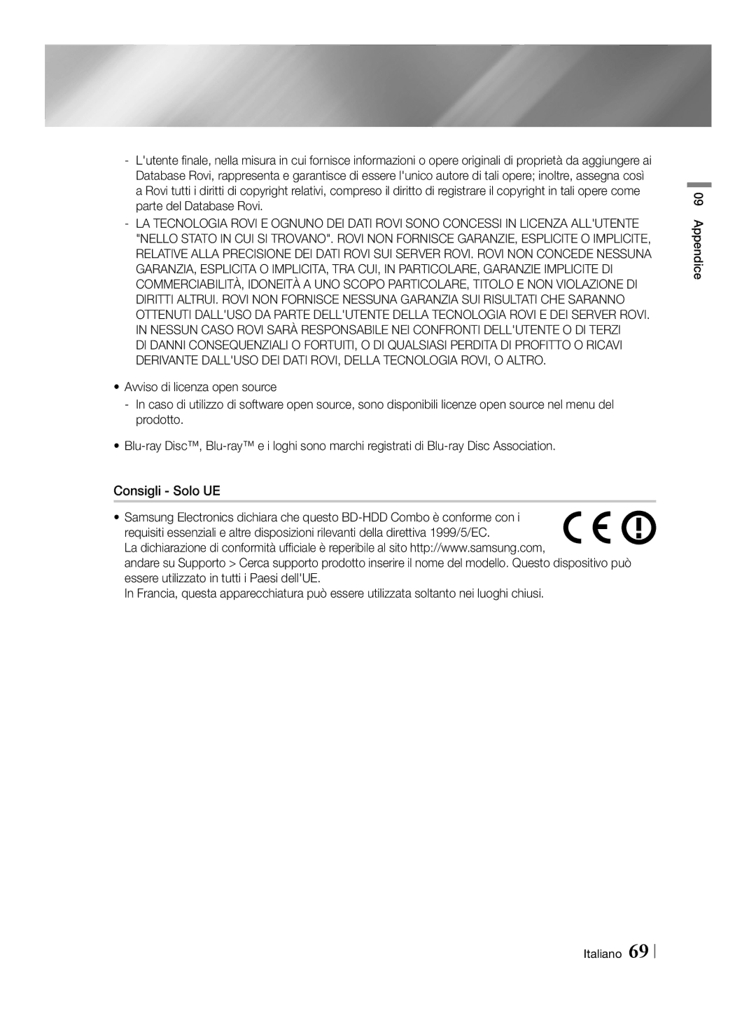 Samsung BD-E8500/ZF, BD-E8300/EN, BD-E8900/ZF, BD-E8300/ZF manual Appendice Italiano 