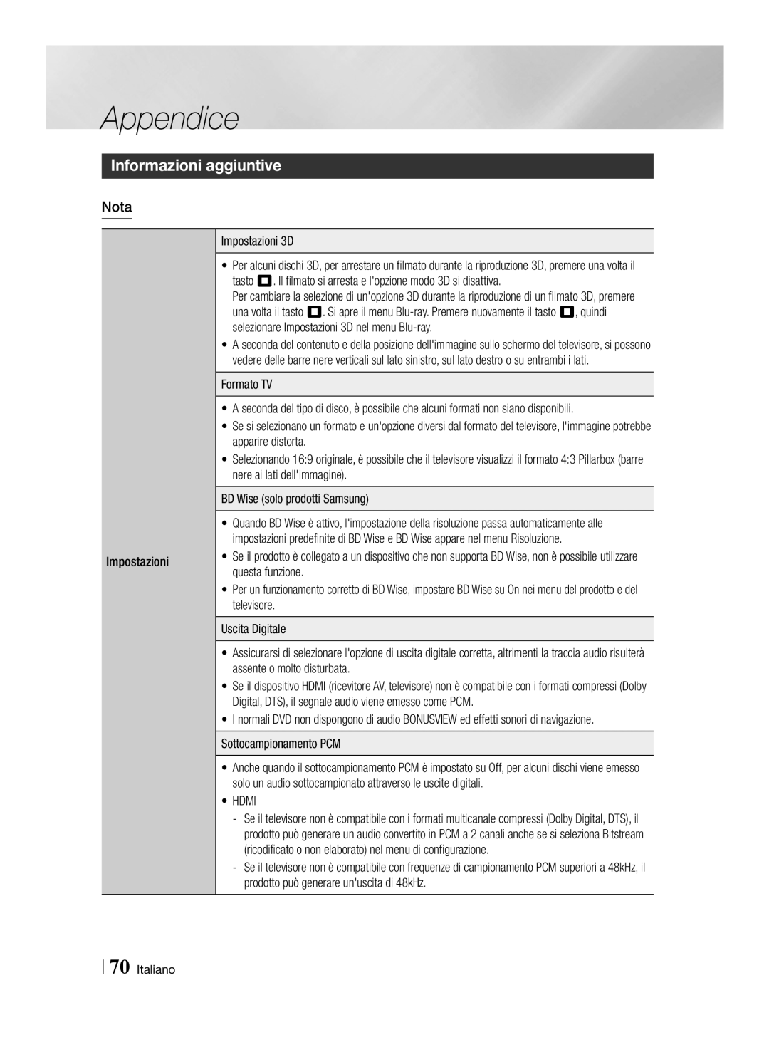 Samsung BD-E8300/ZF, BD-E8300/EN, BD-E8900/ZF, BD-E8500/ZF manual Informazioni aggiuntive, Nota, Impostazioni Impostazioni 3D 