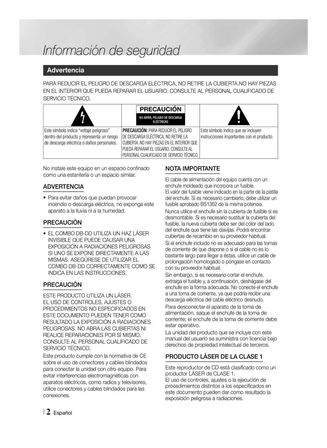 Samsung BD-E8300/EN, BD-E8900/ZF manual Información de seguridad, Advertencia, Español, Este símbolo indica que se incluyen 