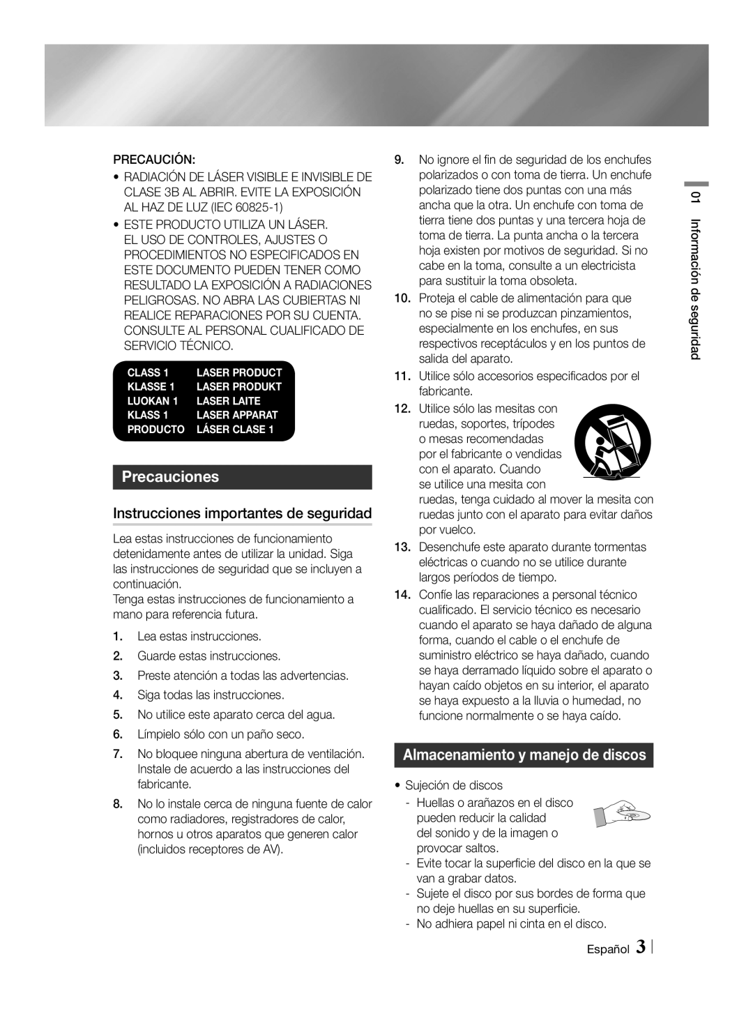 Samsung BD-E8900/ZF, BD-E8300/EN Precauciones, Instrucciones importantes de seguridad, Almacenamiento y manejo de discos 