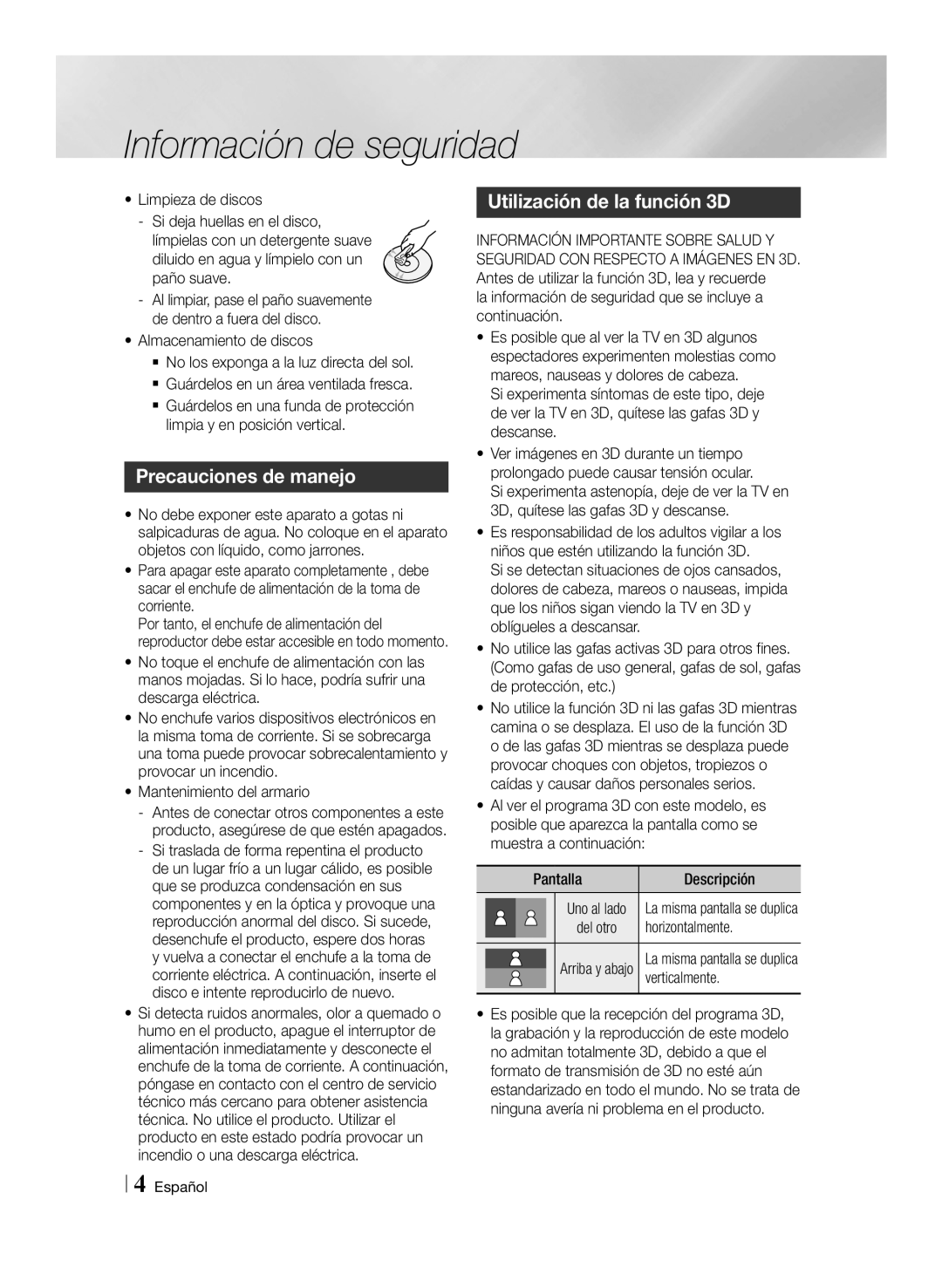 Samsung BD-E8500/ZF, BD-E8300/EN, BD-E8900/ZF, BD-E8300/ZF manual Precauciones de manejo, Utilización de la función 3D 