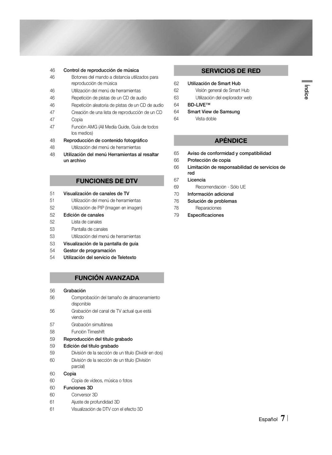 Samsung BD-E8900/ZF, BD-E8300/EN, BD-E8500/ZF manual Índice Español, Un archivo, Parcial, Smart View de Samsung64 Vista doble 