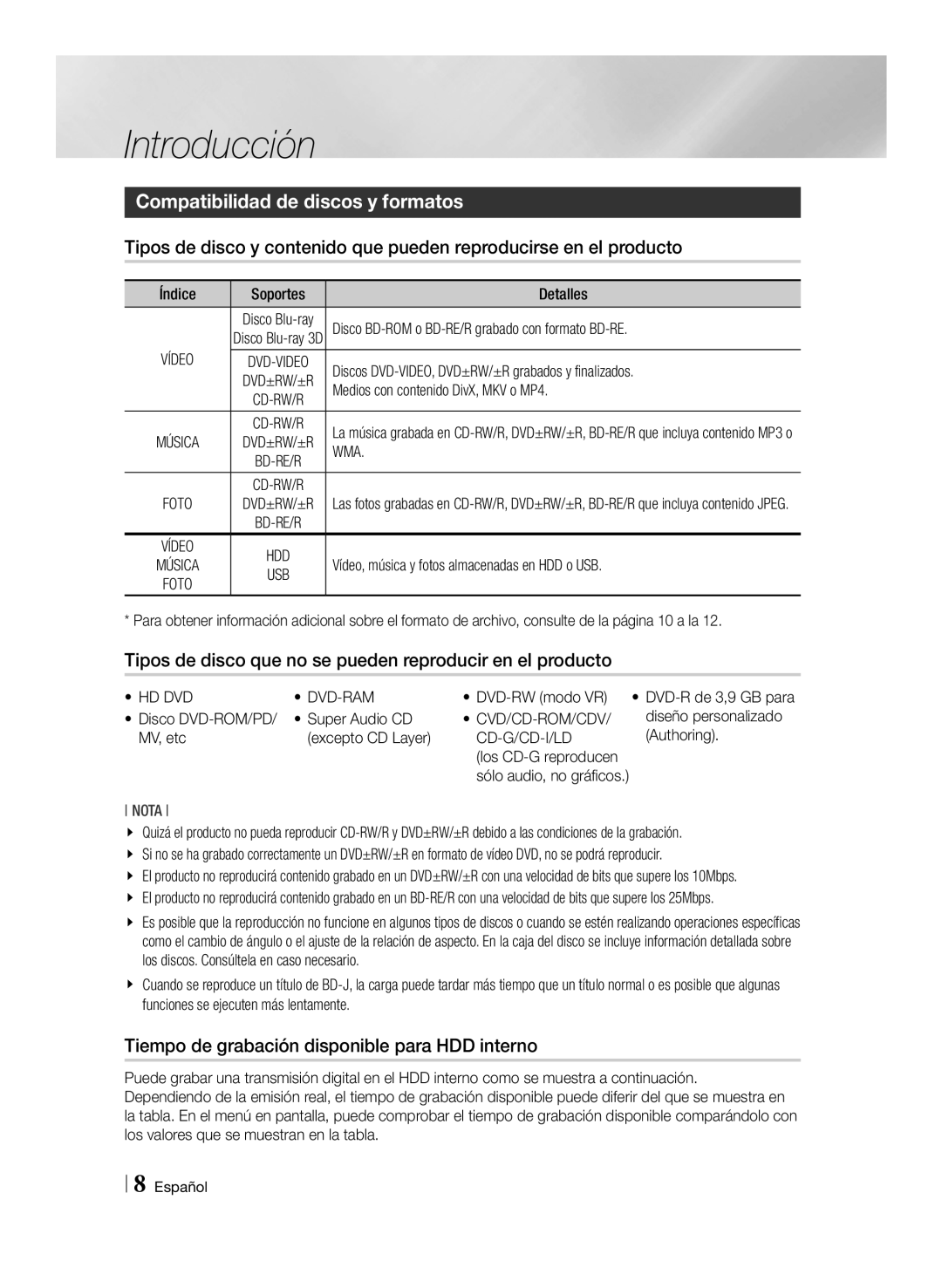 Samsung BD-E8500/ZF Introducción, Compatibilidad de discos y formatos, Tiempo de grabación disponible para HDD interno 