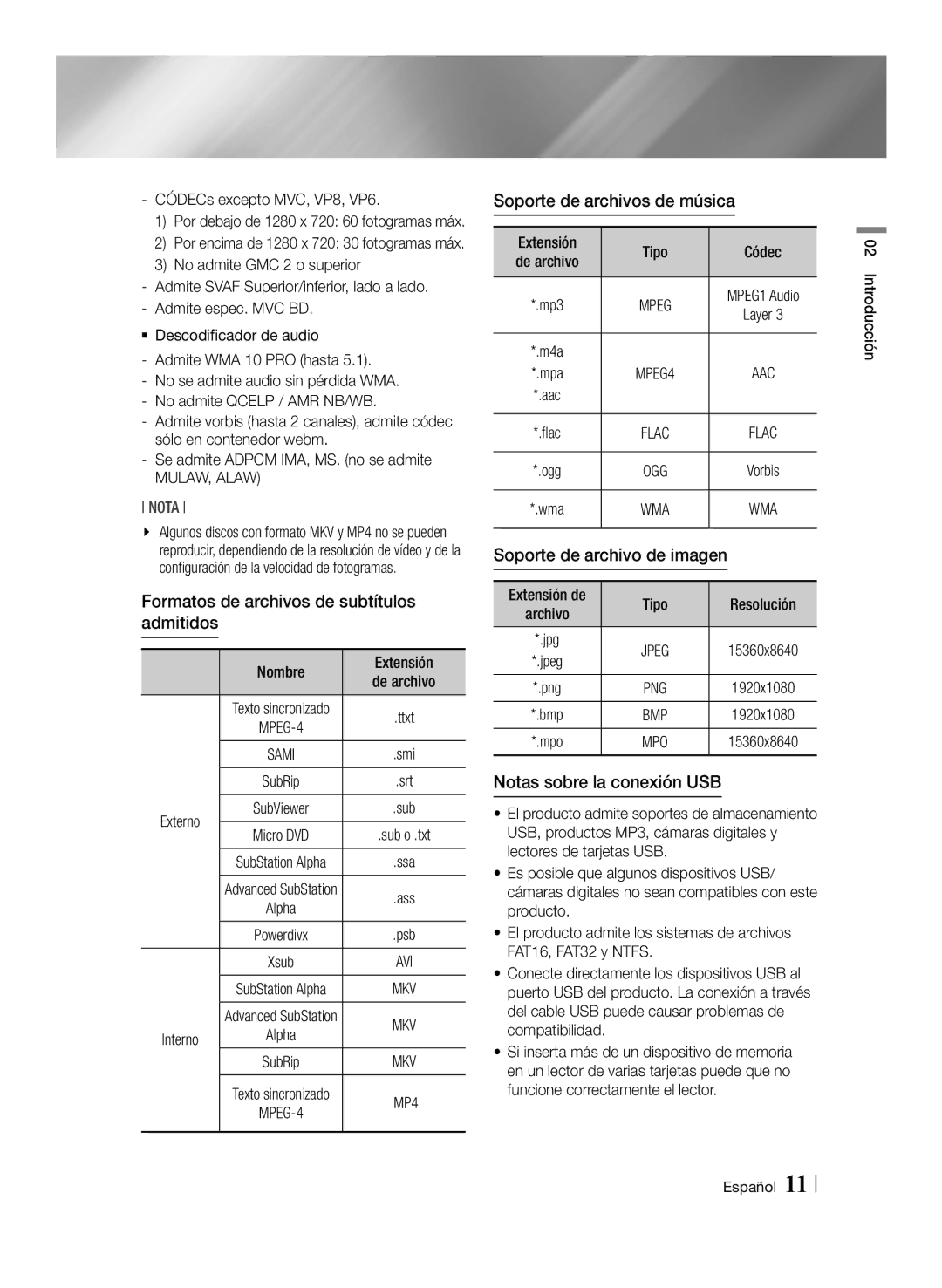 Samsung BD-E8900/ZF, BD-E8300/EN, BD-E8500/ZF Formatos de archivos de subtítulos admitidos, Soporte de archivos de música 