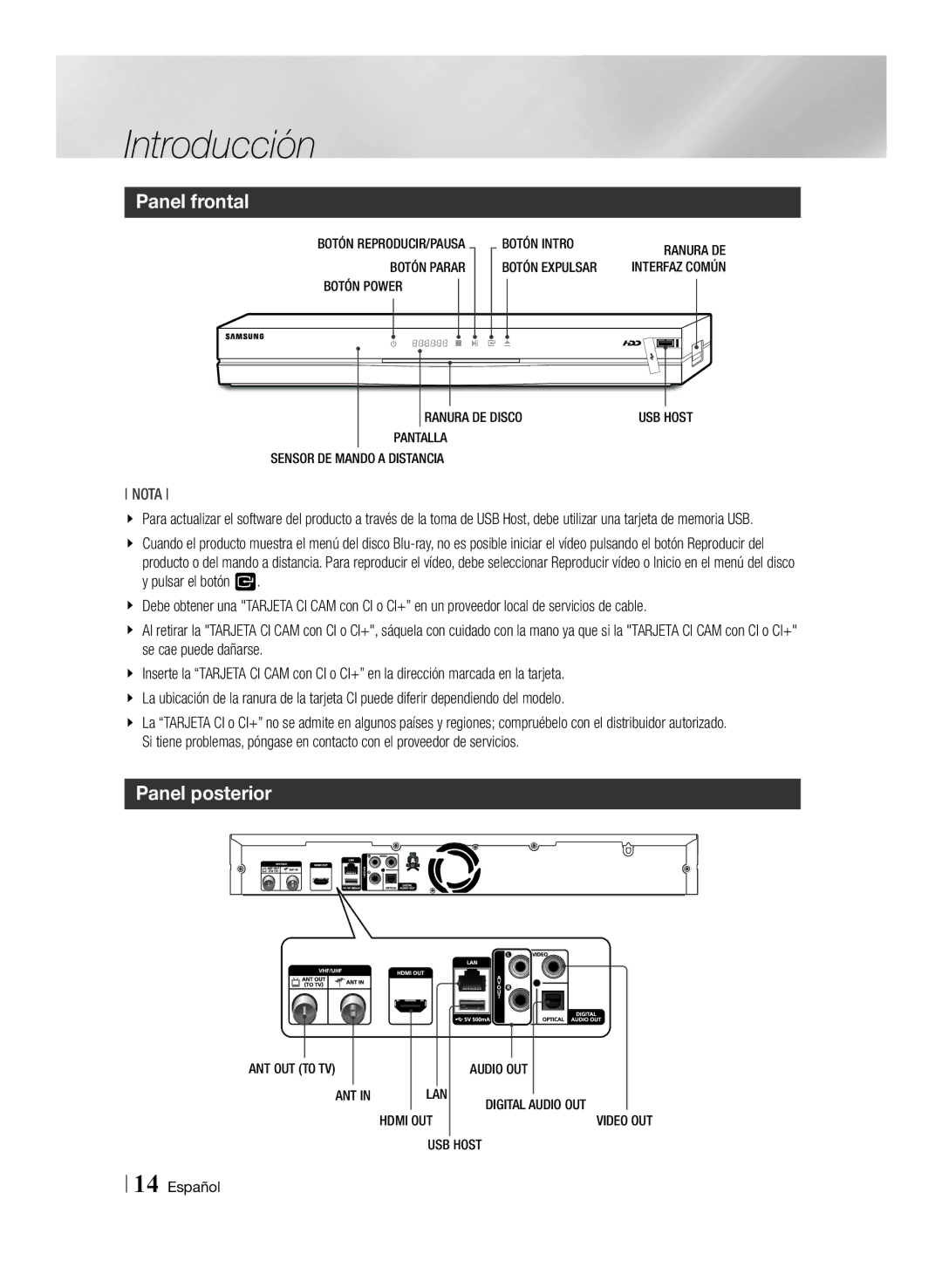 Samsung BD-E8300/EN, BD-E8900/ZF, BD-E8500/ZF, BD-E8300/ZF manual Panel frontal, Panel posterior 