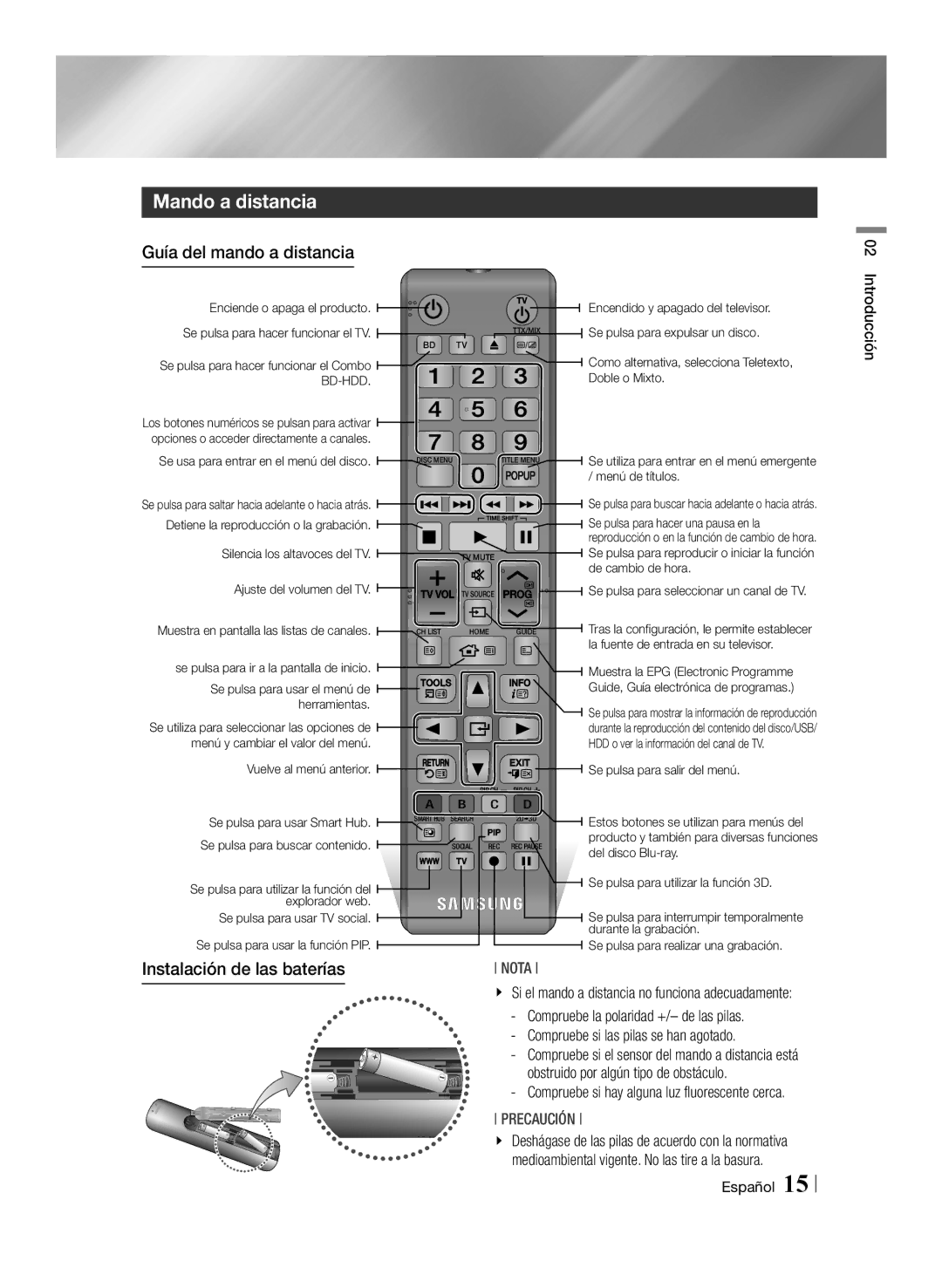 Samsung BD-E8900/ZF, BD-E8300/EN, BD-E8500/ZF Mando a distancia, Guía del mando a distancia, Instalación de las baterías 