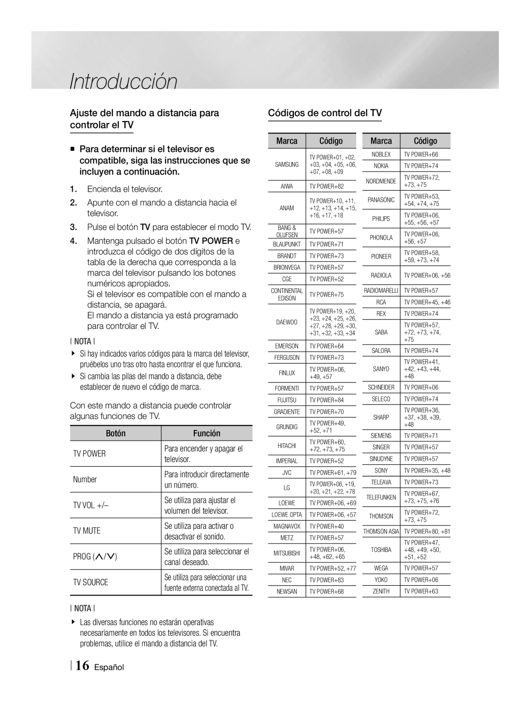 Samsung BD-E8500/ZF, BD-E8300/EN manual Ajuste del mando a distancia para controlar el TV, Códigos de control del TV, Botón 