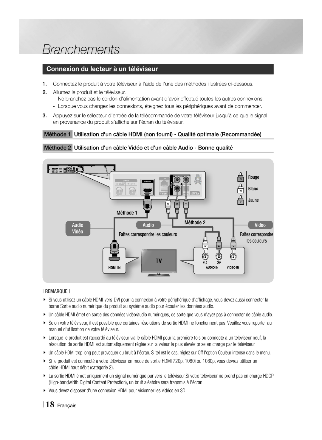 Samsung BD-E8500/ZF, BD-E8300/EN manual Connexion du lecteur à un téléviseur, Méthode, Faites correspondre Les couleurs 