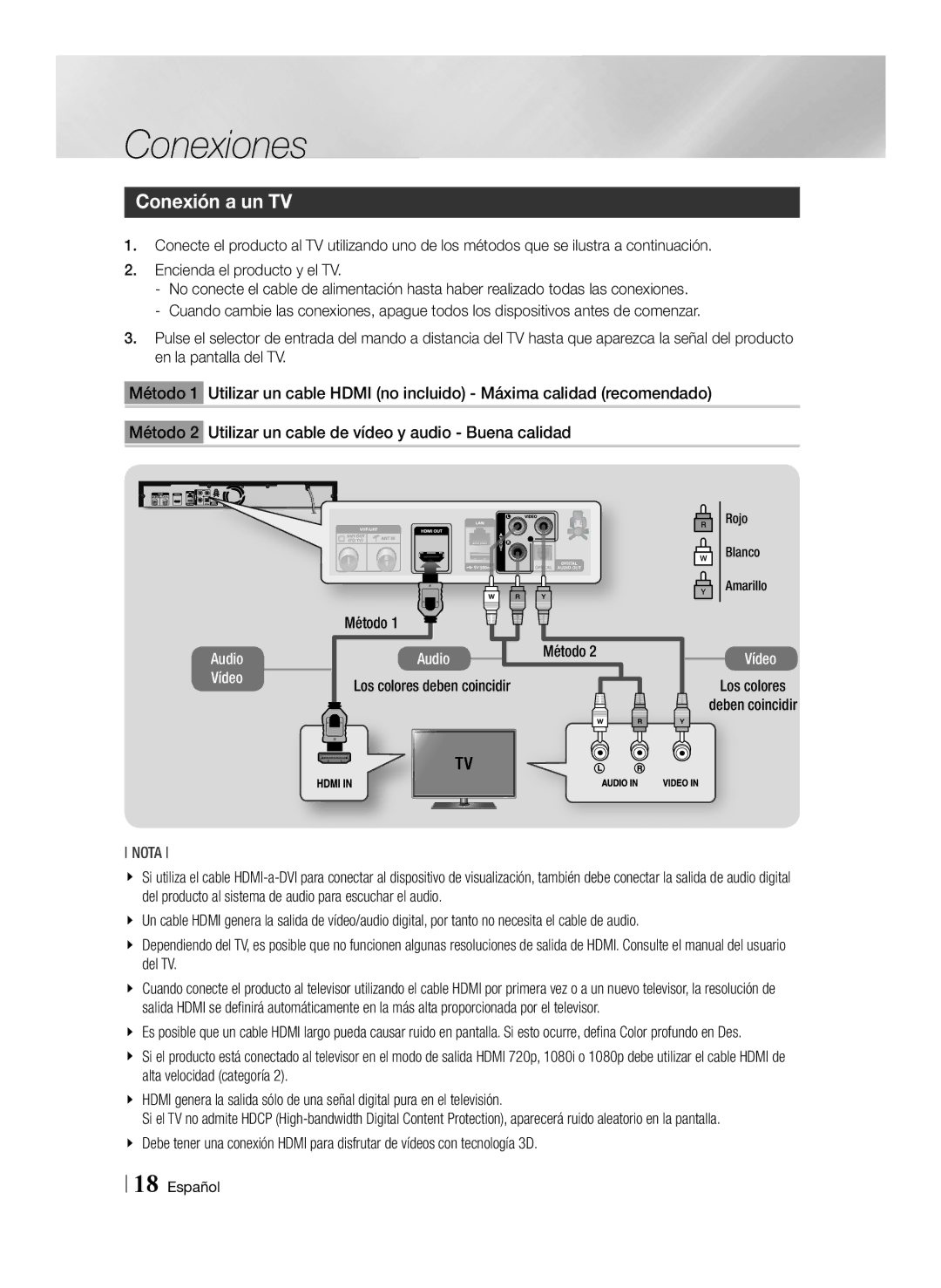 Samsung BD-E8300/EN, BD-E8900/ZF manual Conexión a un TV, Método, Los colores Deben coincidir, Los colores deben coincidir 