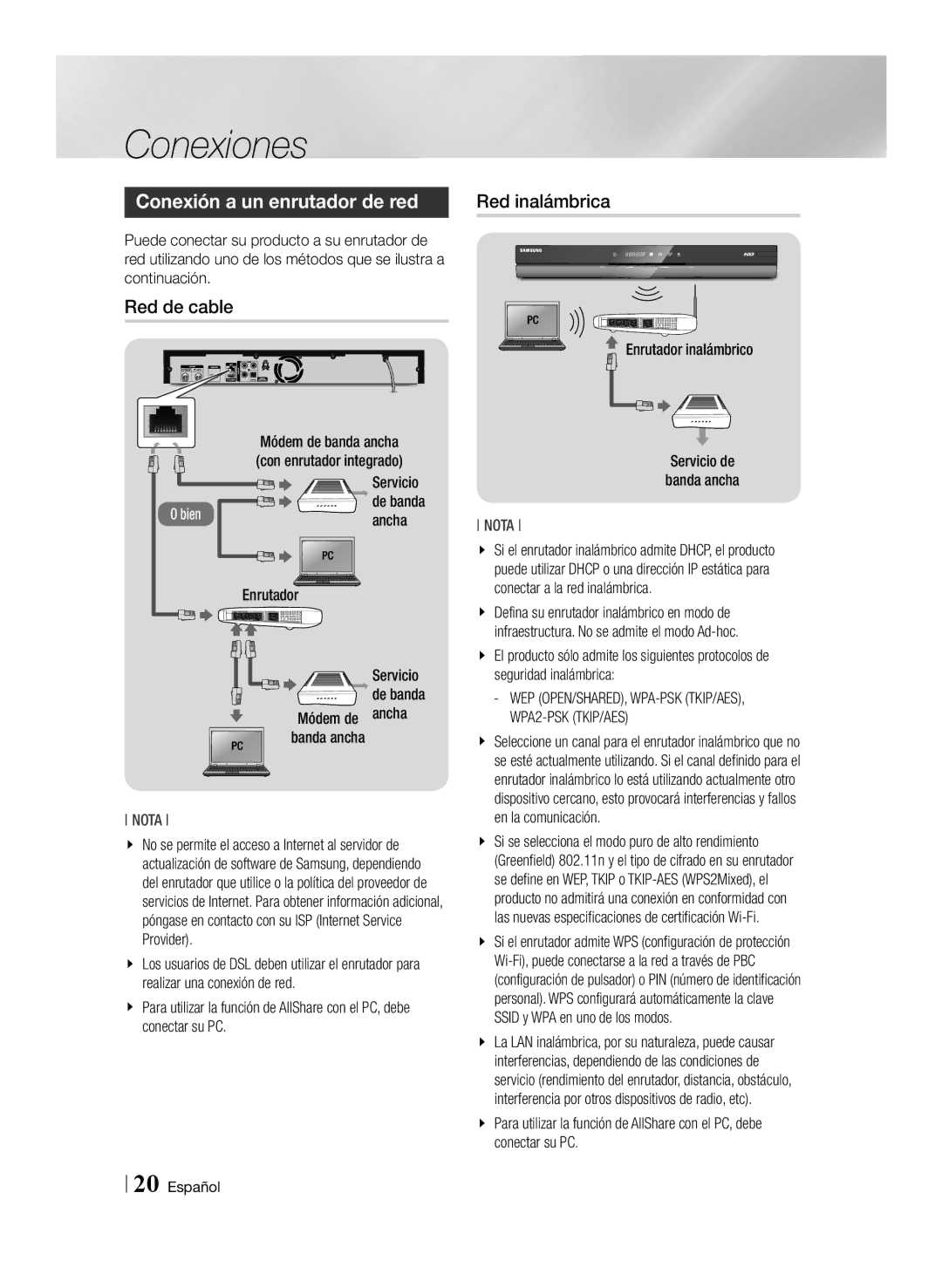 Samsung BD-E8500/ZF, BD-E8300/EN, BD-E8900/ZF, BD-E8300/ZF Conexión a un enrutador de red, Red de cable, Red inalámbrica 